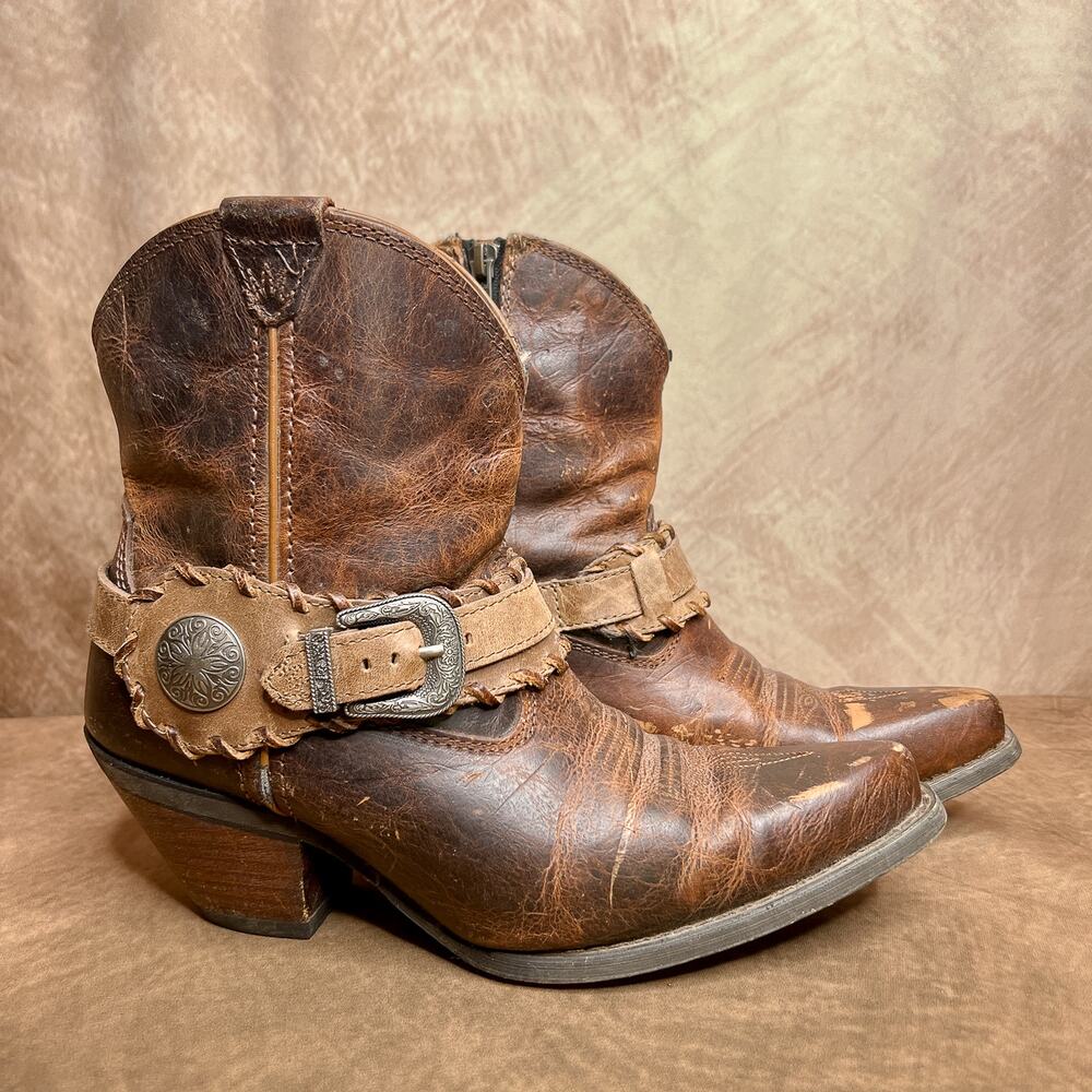 Durango Pointed Toe Ankle Western Cowboy Boot Spur Buckle Heeled Distressed